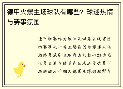德甲火爆主场球队有哪些？球迷热情与赛事氛围